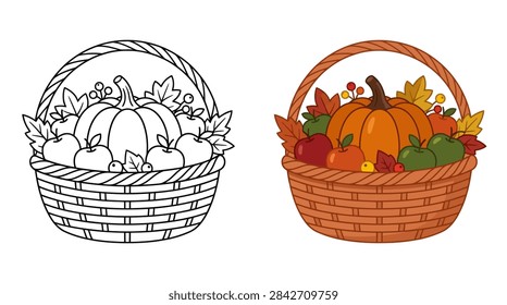 A split view showing a line art coloring page and a colored version of a woven basket filled with a pumpkin, apples, and autumn leaves.