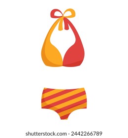 Split yellow and red swimsuit with red stripes on bikini for the beach and swimming pool. Vector illustration isolated on white background