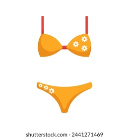 Un bañador amarillo partido con correas rojas con margaritas en el corpiño y un bikini para la playa y la piscina. Ilustración vectorial aislada sobre fondo blanco