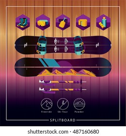 splitboard ski tour backcountry vector set. winter extreme sport in
the mountains. Icon and illustrations equipment. 