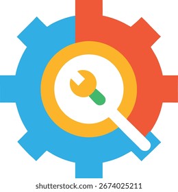 Un engranaje de dos colores combinado con una lupa y una llave inglesa, que simbolizan la Asistencia técnica, el análisis, la reparación y la gestión meticulosa del proceso. Aislado en blanco.
