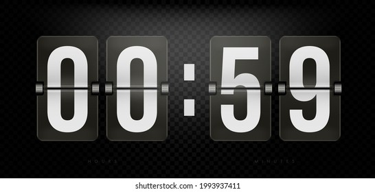 Split-flap flip counter, retro scoreboard with numerals. Retro clock, number counter, time countdown flip scoreboard. Digits for hour and minute time remaining design vector illustration