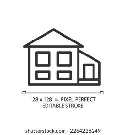 Split-level house pixel perfect linear icon. Bi-level home. Detached suburban building. Property buying. Real estate. Thin line illustration. Contour symbol. Vector outline drawing. Editable stroke