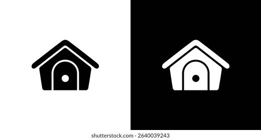 A split-screen shows a black doghouse icon on white and a white doghouse icon on black. Shelter icon graphic, minimal kennel, or pet logo concept.