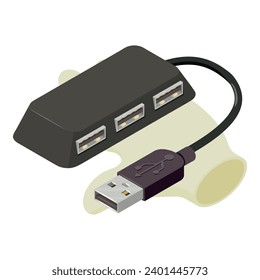 Icono de divisor vector isométrico. Nuevo separador usb negro con tres zócalos en mano. Dispositivo electrónico, tecnología moderna