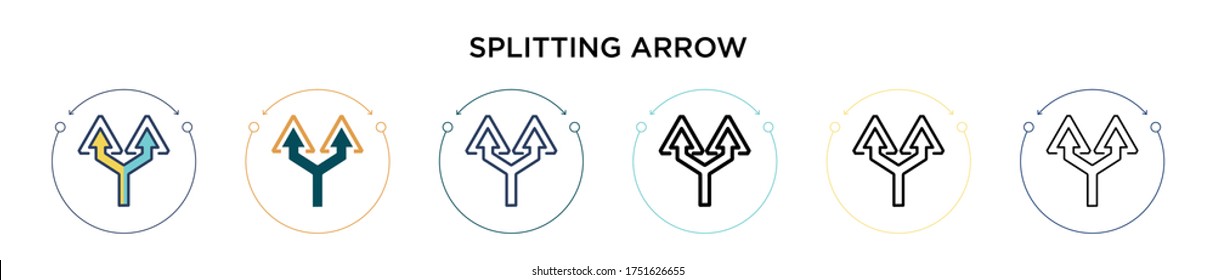 Splitting arrow icon in filled, thin line, outline and stroke style. Vector illustration of two colored and black splitting arrow vector icons designs can be used for mobile, ui, web