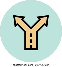 Splitting road. Path choice symbol. Round color icon