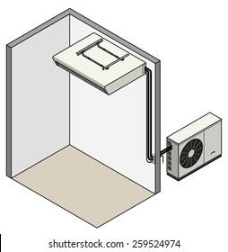 A split-unit reverse-cycle air conditioner.Ceiling mounted. 