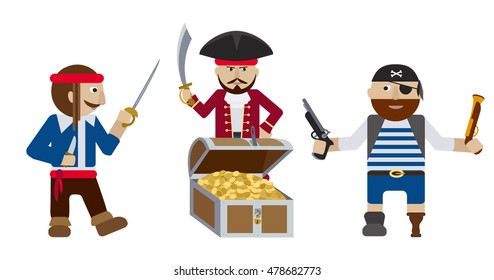 Split-up, Group of pirates with weapon near treasure chest full of golden coins flat vector illustration
