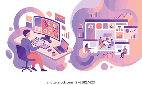 A split-view illustration contrasts a focused developer working on a complex interface with a collaborative team having a productive virtual meeting online.