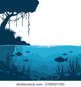 Ilustração com vista dividida mostrando uma serena cena de rio na selva, com uma exuberante linha de costa acima e um mundo subaquático vibrante abaixo.