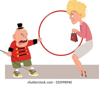Spoiled child in a lion tamer costume making his  Mom jump through a hoop, EPS 8 vector illustration