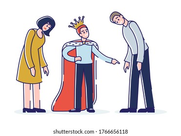 Spoiled child with tired parents. Egoist son wearing crown screaming at mother and father. Cartoon family characters on white background. Parenthood and education concept. Linear vector illustration