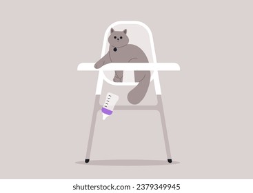 A spoiled and envious cat has taken a child's place in a small chair and, as a protest, knocked over their bottle