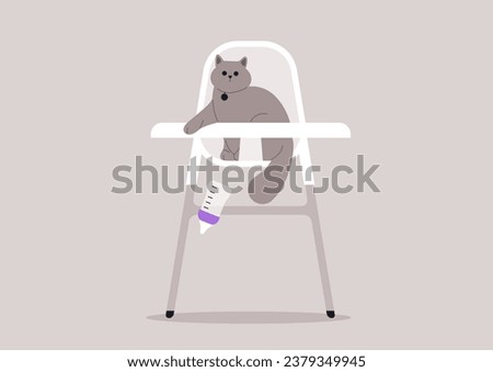 A spoiled and envious cat has taken a child's place in a small chair and, as a protest, knocked over their bottle
