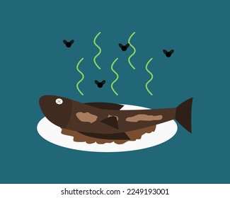 Spoiled fish vector. Fried fish that already smells infested with flies. Isolated spolied fish already decay.