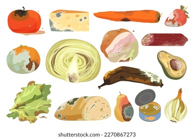 Spoiled food with bacteria and mold, including rotten fruit, vegetables and produce. Expired ingredients with dirt and rot on the surface. Cartoon vector illustration