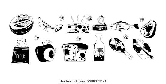 Spoiled Food Black and White Icons Set. Rotting Fruits, Moldy Bread, Rancid Meat, And Curdled Dairy, Vector Illustration