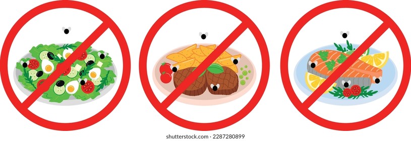 Spoiled food: Greek salad, trout and potatoes with steaks, vector illustration