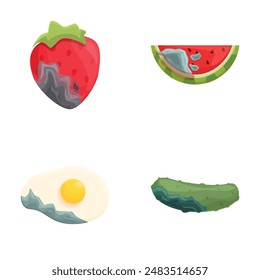 Spoiled food icons set cartoon vector. Various spoiled and damaged product. Organic food waste