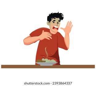 spoiled food, man disgusted by seeing a plate of rotten food with flies on it. Vector illustration