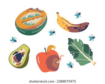 Frutas Y Hortalizas Fracasadas. Calabaza, plátano, aguacate, manzana y verduras, Emitir una tensa pungente, Ilustración vectorial