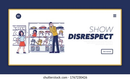 Spoiled kid and disrespect to parents. Landing page with naughty daughter making scene in retail store. Parenthood and children misbehavior concept. Cartoon linear vector illustration