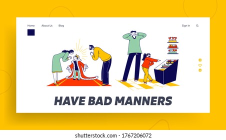 Spoiled Kid Landing Page Template. Parents Characters Admire with Boy in Golden Crown on Head. Little Girl Yelling in Store Require to Buy Sweets. Cockered Baby. Linear People Vector Illustration