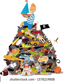 Spoiled little boy sitting on a huge pile of toys, EPS 8 vector illustration