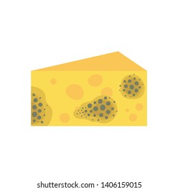 A spoiled piece of mouldy cheese . Flat on a white background.