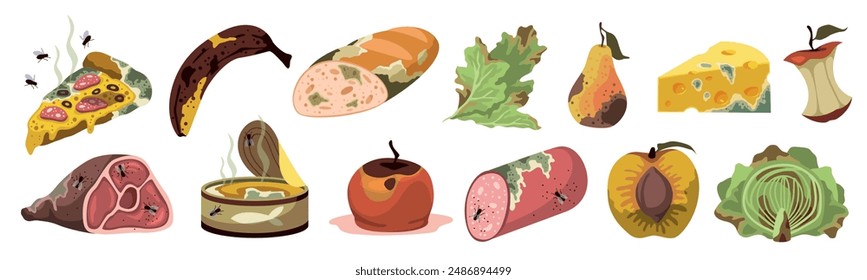 Spoiled products. Expired food, rotting semi finished meal, moldy smell fruits and vegetables, natural fermentation process. Organic recyclable garbage, cartoon flat isolated tidy vector set