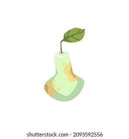 Spoiled rotten pear with mold and bacreria in flat vector illustration isolated on white background. Moldy decayed fruit, unhealthy, unhygienic, unsanitary food with bacilli