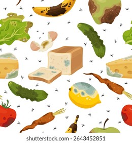 Spoiled and smelly food seamless pattern. Moldy bread. Rotten carrots and lemons. Repeated print. Stinking tomato. Organic garbage. Stinky cucumber and banana. Filthy lettuce leaves. Vector background