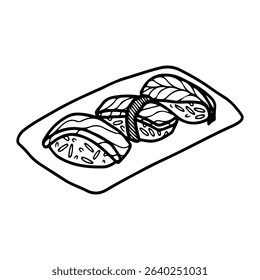 Spoiled sushi on a plate. Hand drawn doodle vector. Traditional Asian food. Rice with tuna, salmon, eel, shrimp. Restaurant menu. Illustration line art element.