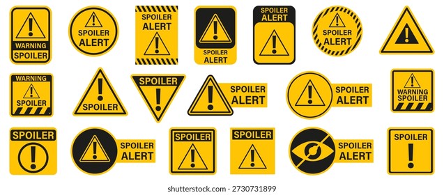 Colección de aviso de alerta de spoiler en amarillo y negro. Símbolos de atención con Formas de precaución y tipografía
