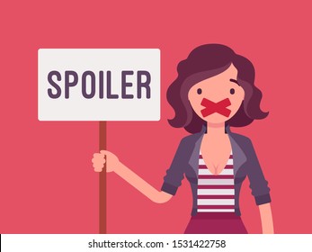 Spoiler alert woman. Girl with her mouth sealed by adhesive tape not to reveal an unknown aspect, movie plot, major plot details from the series finale message. Vector flat style cartoon illustration