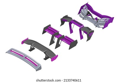 Spoiler for the car. Set of sports spoilers for racing car. Spoiler in isometrics of different modifications. 3d icon of cartoon style spoilers. Clipart of different spoilers. Racing inventory game