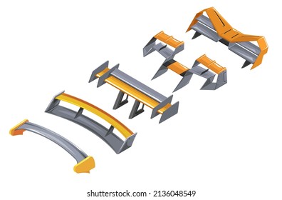Spoiler for the car. Set of sports spoilers for racing car. Spoiler in isometrics of different modifications. 3d icon of cartoon style spoilers. Clipart of different spoilers. Racing inventory game