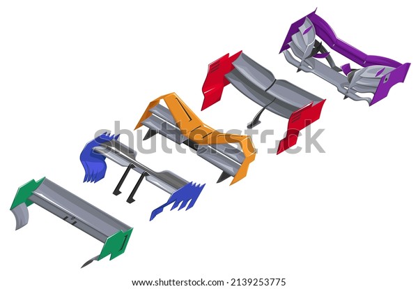 Spoiler for the car. Set of sports spoilers for\
racing car. Spoiler in isometrics of different modifications. 3d\
icon of cartoon style spoilers. Clipart of different spoilers.\
Racing inventory game