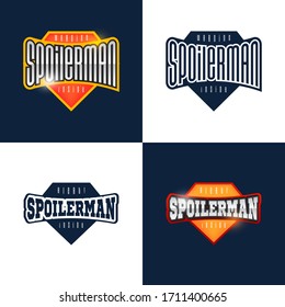 Spoilerman warf lustigen Slogan. Typenschild im Sportstil. Super-Helden-Spoiler-Logotype-Aufkleber für Ihr T-Shirt, Druck, Bekleidung