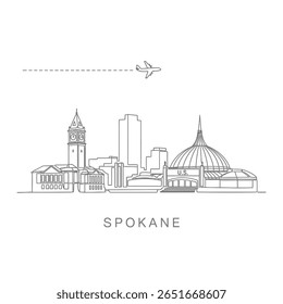 Spokane Skyline com Washington Line Art e Airplane.