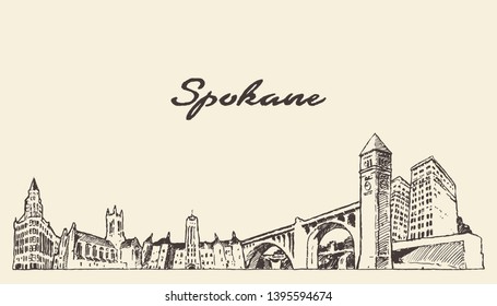 Spokane skyline, Washington, United States, hand drawn vector illustration, sketch