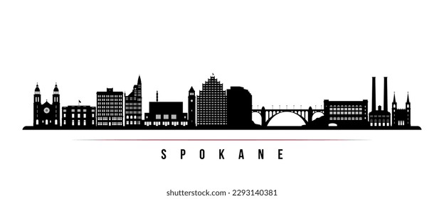 Spokane, WA skyline horizontal banner. Black and white silhouette of Spokane city. Vector template for your design. 