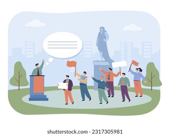 Spokesman giving speech at square vector illustration. Activists with banners listening to public sector quote with monument of woman in background. Public sector, government, protest concept