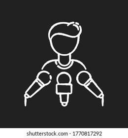 Spokesperson chalk white icon on black background. Press conference. Speaker on podium with microphones. Politician give interview. Journalist talk. Isolated vector chalkboard illustration