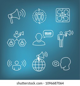 Spokesperson icon set w bullhorn, coordination, pr, public relations person set