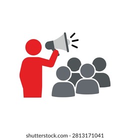 Spokesperson using megaphone to address a crowd for public announcement with megaphone spokesperson announcement