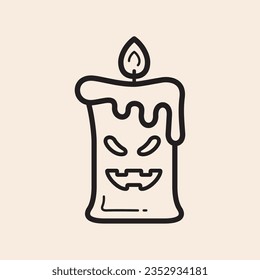 Spoky candle with face, molten wax and fire outline iconic vector line art