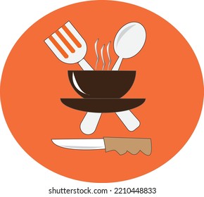 Spone Bowl and Knife Set,a plate of soup, tableware knife fork spoon - good appetite.Illustration lunch in a flat vector