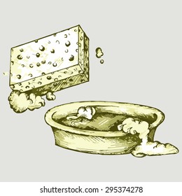 Sponge and bowl of water. Vector Image